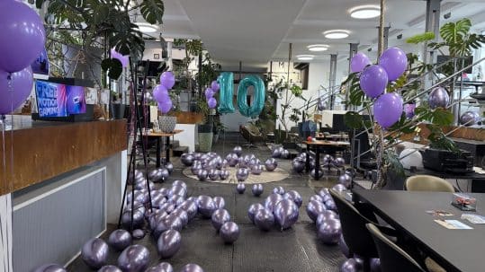 The LYMB.iO office decorated with balloons to celebrate 10 years of LYMB.iO