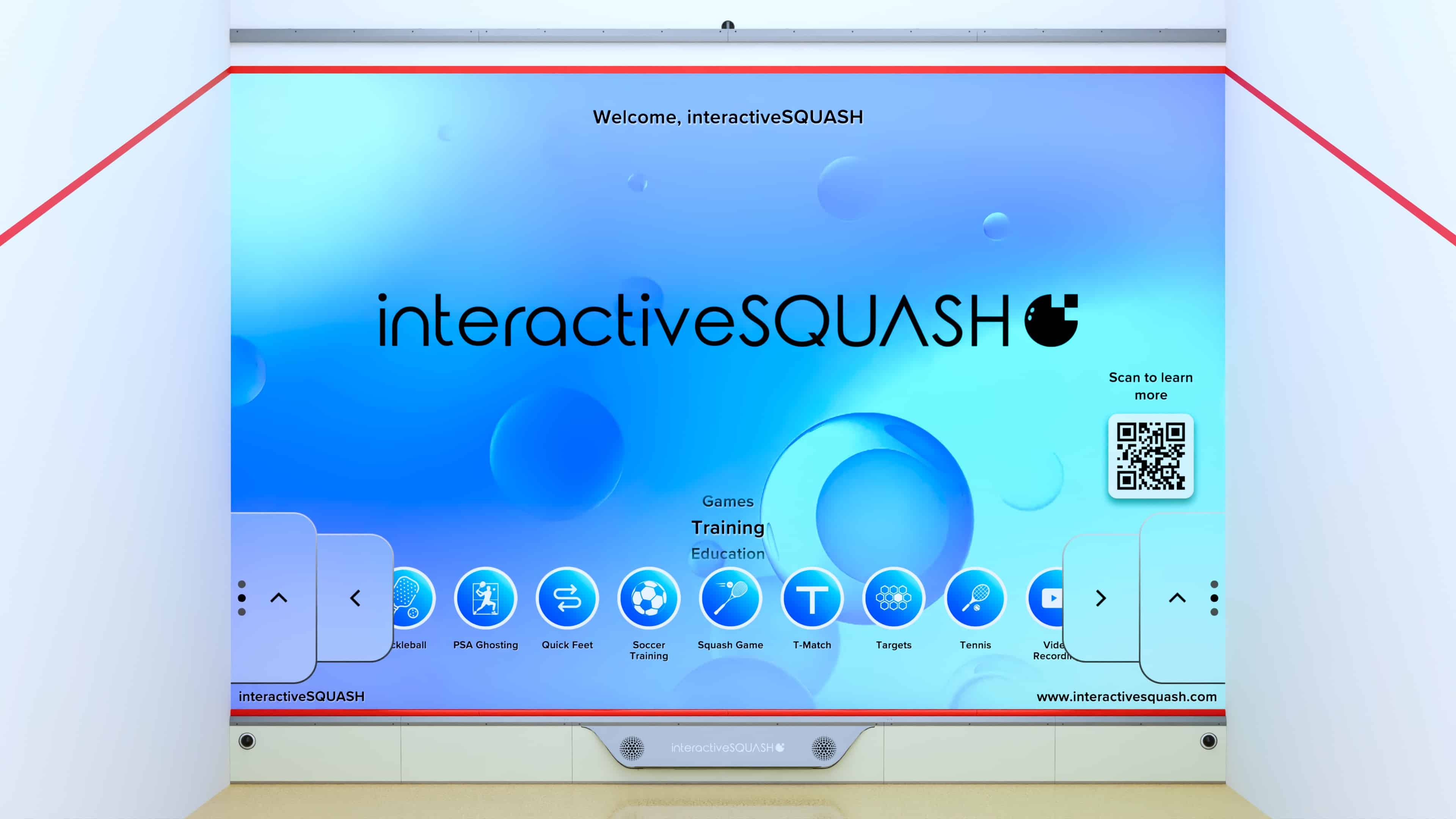 New Generation of interactiveSQUASH showing the menu with training application and games on a squash court